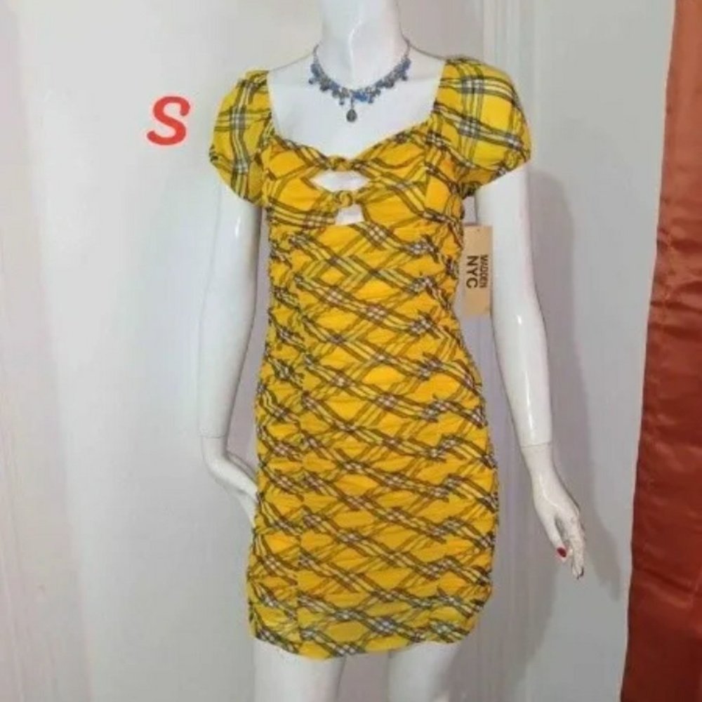 Madden NYC Plaid Bodycon Front Cutout Knot Dress